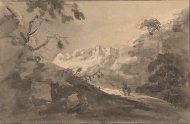 Twee figuren op een weg met kasteel in de verte