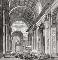Een processie in de Sint-Pietersbasiliek, Vaticaanstad, Rome, Italië in de late 19e eeuw. Uit Italiaanse foto