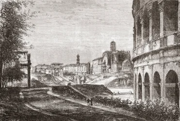 Toegang tot het Forum vanaf de Cellian Hill, Rome, Italië in de late 19e eeuw. Uit Italiaanse afbeeldingen door Rev. Samuel Manning, gepubliceerd c.1890.