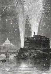 Verlichting van de Sint-Pietersbasiliek en vuurwerk boven de Engelenburcht, Rome, Italië, aan het einde van de 19e eeuw. Uit Italiaanse taferelen van dominee Samuel Manning, gepubliceerd ca. 1890.