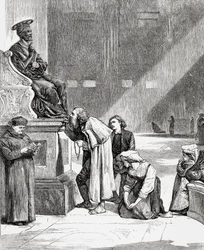 Mensen kussen de voeten van het standbeeld van Sint-Pieter in de Sint-Pietersbasiliek, Vaticaanstad, Rome in de late 19e eeuw. Uit Italiaanse afbeeldingen door Rev. Samuel Manning, gepubliceerd ca. 1890.