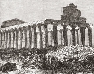 Tempel in Paestum, Italië in de late 19e eeuw. Uit Italiaanse Afbeeldingen door Rev. Samuel Manning, gepubliceerd ca. 1890.