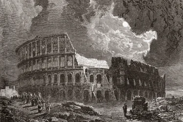 Het Colosseum, Rome, Italië bij maanlicht, in de late 19e eeuw. Uit Italiaanse afbeeldingen door Rev. Samuel Manning, gepubliceerd ca. 1890.
