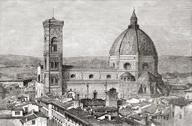 De Duomo en Campanile van de Basilica di Santa Maria del Fiore, Piazza del Duomo, Florence, Italië in de late 19e eeuw. Uit Italiaanse foto