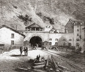 De Fréjus-spoortunnel ook wel de Mont Cenis-tunnel genoemd, Europese Alpen, vanaf de Italiaanse kant in de late 19e eeuw. Uit Italiaanse afbeeldingen door Rev. Samuel Manning, gepubliceerd ca. 1890.