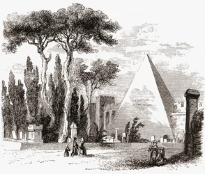 De protestantse begraafplaats en de piramide van Cestius, Rome, Italië in de late 19e eeuw. Uit Italiaanse foto