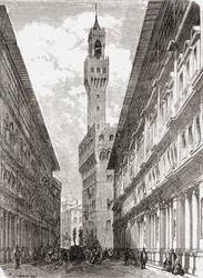 De Uffizi, het Palazzo Vecchio en beelden op Piazza della Signoria, Florence, Italië in de late 19e eeuw. Uit 