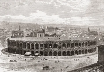 De Arena van Verona, Piazza Bra, Verona, Italië in de late 19e eeuw. Uit Italiaanse afbeeldingen door Rev. Samuel Manning, gepubliceerd ca. 1890.