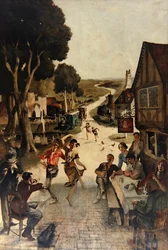 Rustieke scène: dorpelingen dansen