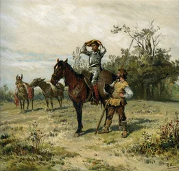 Don Quichot rijdt op Rossinante, draagt zijn helm, Sancho Panza draagt zijn speer