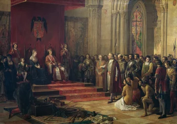 Christoffel Columbus ontvangen door de katholieke koningen in Barcelona bij zijn terugkeer van zijn eerste reis naar Amerika, schilderij uit 1874 door Ricardo Balaca (1844-1880)