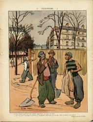 Illustratie door Ricardo Flores (1878-1918) in Le Rire, 06/02/09 - Collectivisme - Sociaal, Stedelijke Architectuur, Boom, Gebouw, Collectivisme - Arbeider, Grondwerkers