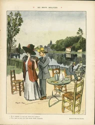 Illustratie van Ricardo Flores (1878-1918) in Le Rire, 04/07/08 - Mooie zondagen - Vrije tijd, Natuur, Architectuur, Restaurant, Cafés, Zee