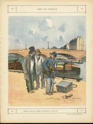 Illustratie van Ricardo Flores (1878-1918) in Le Rire, 05/10/12 - Bij de kapper - Parijs, Beroepen, Stedelijke architectuur, Brug, Rivier - Hond, Kapper