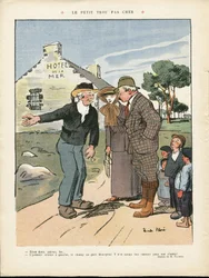 Illustratie van Ricardo Flores (1878-1918) in Le Rire, 20/07/12 - Het goedkope kleine gat - Platteland, Mode, Maritieme Marine Kust, Mannenmode, Toerisme Toeristen, Hotel