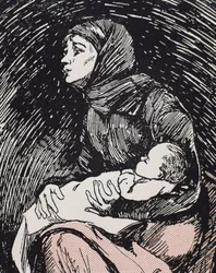 Kerstavond. 1900. Een magere vrouw met haar kind in haar armen (gravure)