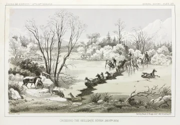 Oversteek van de Hellgate-rivier, Montana, VS, 6 januari 1854