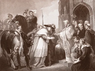 Kardinaal Wolsey in Leicester Abbey, gegraveerd door R. Walther