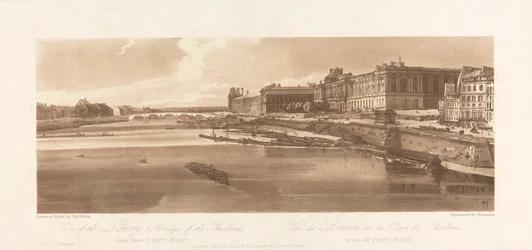 Zicht op het Louvre en de Brug van de Thuilleries, genomen vanaf Pont Neuf. 1802; Plaat 2 uit Zichten in Parijs, het Emanuel Volume Tracering van de plaat, B1981.25.2613
