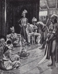 Sir James Brooke onderhandelt over een verdrag met de Sultan van Brunei voor het vestigen van een Britse kolonie op Borneo