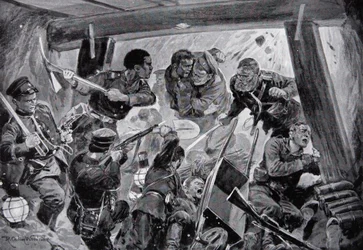 De Russisch-Japanse Oorlog: een man-tegen-mangevecht in de aardwerken bij Port Arthur, illustratie uit „De geschiedenis van de natie”