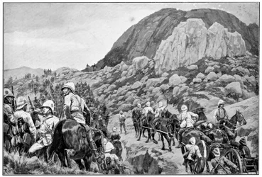 Britse artillerie gaat in de aanval op Spion Kop, 2e Boerenoorlog, 24 januari 1900