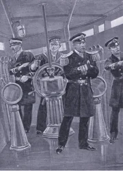 Admiraal Togo in de commandotoren van zijn vlaggenschip, een zeeslag leidend, illustratie uit Cassells History of the Russo-Japanese War Vol 1, ca. 1900
