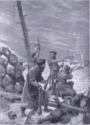 Aanval op de spoorweg door Chunchuses, illustratie uit Cassells History of the Russo-Japanese War Vol 1, ca. 1900