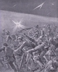 Gevangen in prikkeldraadversperringen: Nachtelijke aanval door Britse infanterie, uit Geschiedenis van de Grote Oorlog Vol 3 gepubliceerd door Waverley Book Co Limited, ca. 1920
