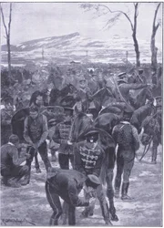 Japanse cavaleriekamp bij Seoel: Hoefsmid aan het werk, illustratie uit Cassells History of the Russo-Japanese War Vol 1, ca. 1900