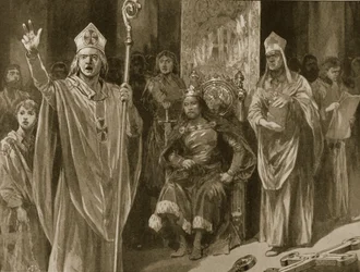 De rede van Hubert Walter, aartsbisschop van Canterbury, bij de kroning van Jan, op Hemelvaartsdag, 27 mei 1199, uit 