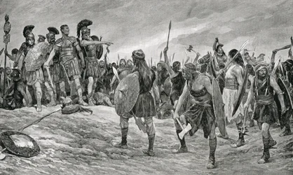 Vespasianus gered door zijn zoon Titus, illustratie uit 