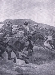 Yeomanry valt De Wets achterhoede en transport aan, uit Na Pretoria: De Guerrillaoorlog gepubliceerd door Harmsworth Bros Limited, 1901