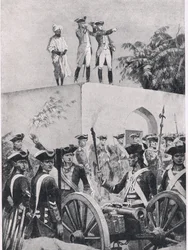 Slag bij Plessey, 23 juni 1757: Clive op het dak van Nawab Surat-ud-Daulas jachthuis, illustratie uit British Battles on Land and Sea, 1915