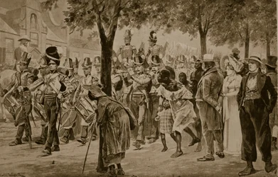 Britse troepen marcheren Kaapstad binnen, 1814, illustratie uit 