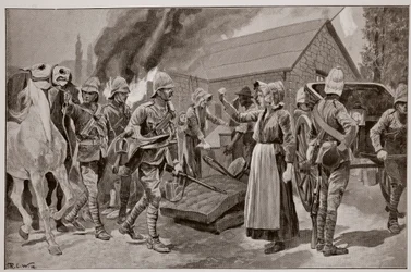 Het verbranden van de boerderij van een verraderlijke boer, naar een schets van Melton Prior (1845-1910)