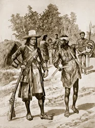 Dampier onderzoekt een boemerang in Australië, illustratie uit 
