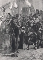 Edward III begroet de Prins van Wales na de Slag bij Crecy, illustratie uit 