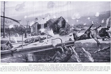Hoe Lance Corporal C A Jarvis een brug opblies bij Jemappes in de buurt van Mons en het VC won, augustus 1914
