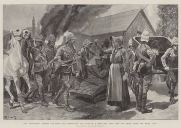 Rechtvaardige vergelding, het verbranden van het huis en het in beslag nemen van de goederen van een Boer die op onze troepen schoot onder de witte vlag