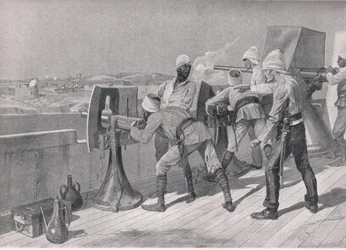 Op weg naar de Nijl: Schieten op de Derwisjen, illustratie uit British Battles on Land and Sea, 1915