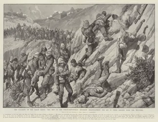 Het opruimen van de Saran Ridge, de mannen van het Northamptonshire Regiment heliograferen om hulp bij hun afdaling met de gewonden