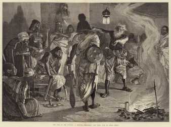 De oorlog in de Soedan, een derwisj predikt de heilige oorlog aan Arabische stamhoofden