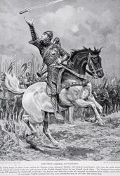 De eerste aanval bij Hastings: Taillefer de minstreel zwaardjongleur reed uit de gelederen zingend en zwaaiend met zijn zwaard, 1066, illustratie uit 