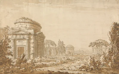 Klassiek Italiaans landschap met tempels en een verwoest aquaduct