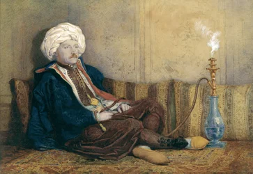 Portret van Sir Thomas Philips in oosterse kleding, liggend met een waterpijp