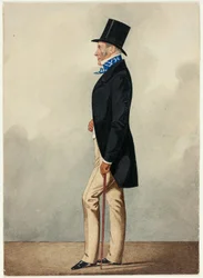 Portret van Man in Zwarte Jas en Blauwe en Witte Das