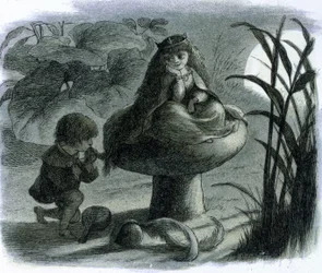 Een waterfee zittend op een paddenstoel wordt het hof gemaakt door een minnaar. In "Monde des fees" door Richard Doyle