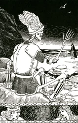De dood als skelet die een man vaarwel zegt, ca. 1930 (litho)