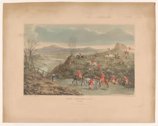 Heuvelachtig landschap met jagers en honden in een veld op hazenjacht